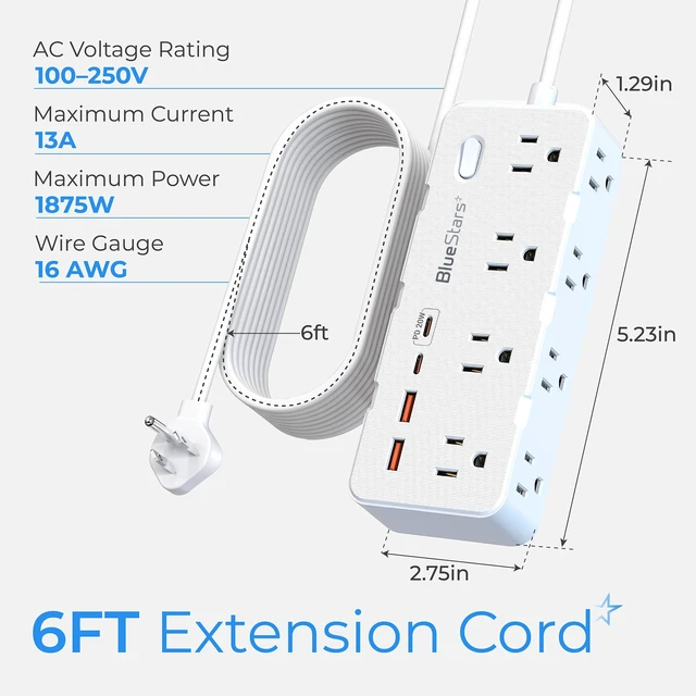 Alt view image 2 of 7 - 6 Ft Extension Cord Surge Protector Power Strip, Flat Plug with 8 AC Outlets & 4 USB Ports (2 USB C, 1 PD 20W Fast Charging), 1050 Joules, 1875W/13A, ETL Listed, Wall Mount for Home Office Dorm
