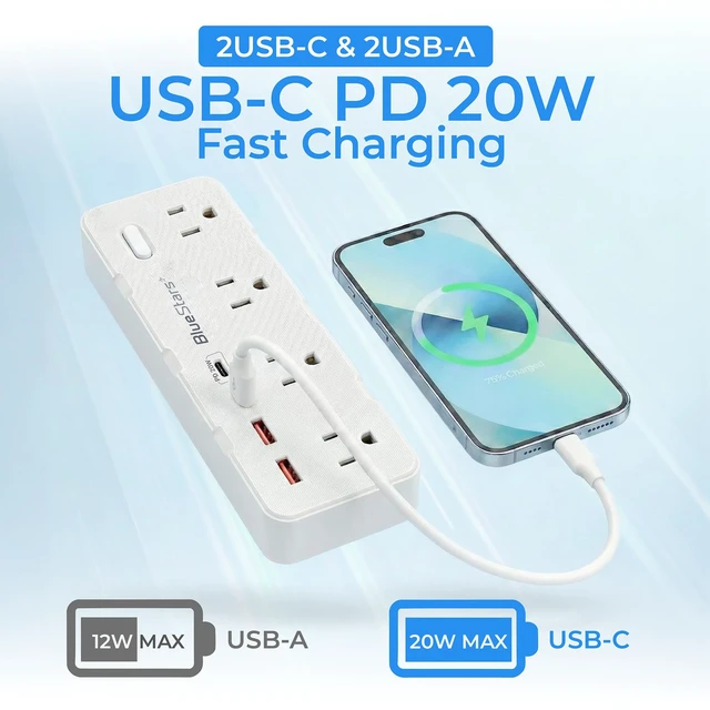 Alt view image 4 of 7 - 6 Ft Extension Cord Surge Protector Power Strip, Flat Plug with 8 AC Outlets & 4 USB Ports (2 USB C, 1 PD 20W Fast Charging), 1050 Joules, 1875W/13A, ETL Listed, Wall Mount for Home Office Dorm