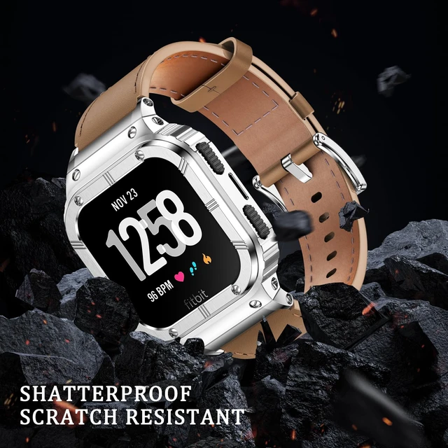 Alt view image 5 of 6 - Leather Bands with Stainless Steel Case Compatible with Fitbit Versa 1 2 3 4 Lite Sense 2 1 Protective case for men