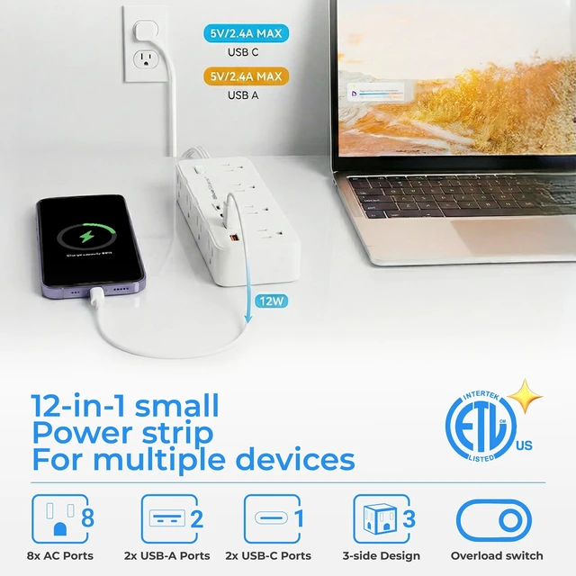 Alt view image 3 of 7 - 6 Ft Extension Cord Surge Protector Power Strip, Flat Plug with 8 AC Outlets & 4 USB Ports (2 USB C, 1 PD 20W Fast Charging), 1050 Joules, 1875W/13A, ETL Listed, Wall Mount for Home Office Dorm