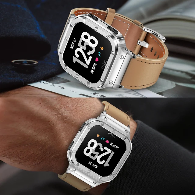 Alt view image 6 of 6 - Leather Bands with Stainless Steel Case Compatible with Fitbit Versa 1 2 3 4 Lite Sense 2 1 Protective case for men
