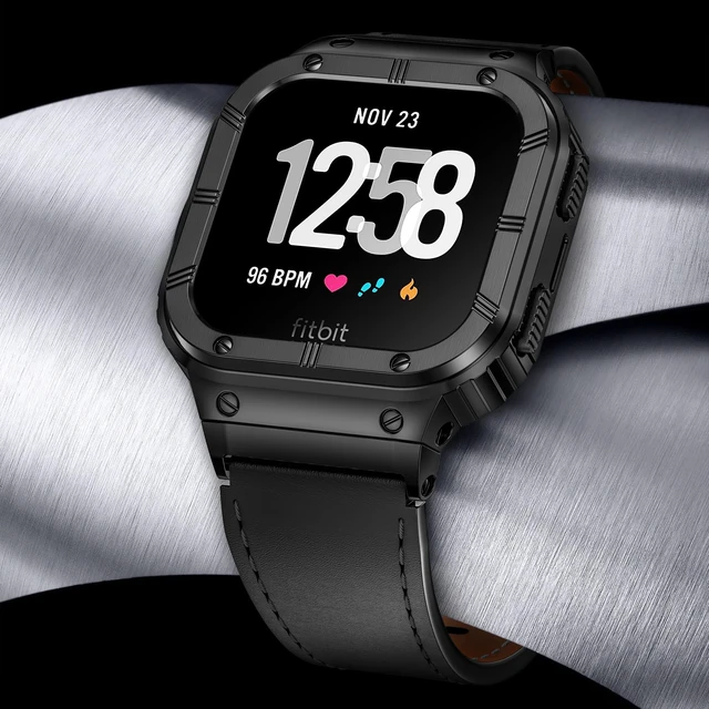 Alt view image 2 of 6 - Leather Bands with Stainless Steel Case Compatible with Fitbit Versa 1 2 3 4 Lite Sense 2 1 Protective case for men