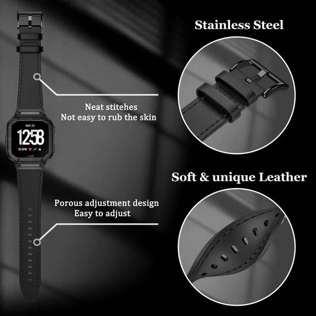 Alt view image 3 of 6 - Leather Bands with Stainless Steel Case Compatible with Fitbit Versa 1 2 3 4 Lite Sense 2 1 Protective case for men