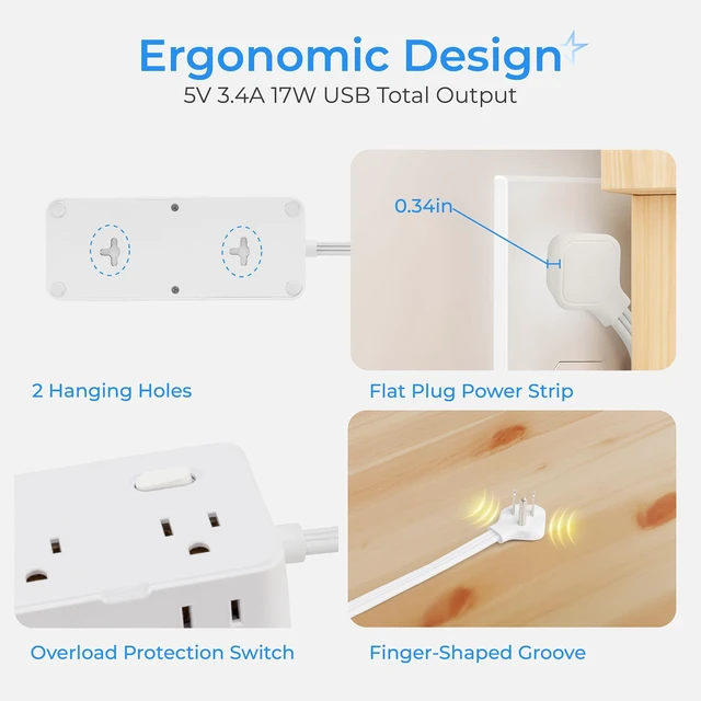 Alt view image 5 of 7 - 6 Ft Extension Cord Surge Protector Power Strip, Flat Plug with 8 AC Outlets & 4 USB Ports (2 USB C, 1 PD 20W Fast Charging), 1050 Joules, 1875W/13A, ETL Listed, Wall Mount for Home Office Dorm