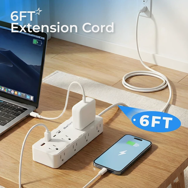 Alt view image 6 of 7 - 6 Ft Extension Cord Surge Protector Power Strip, Flat Plug with 8 AC Outlets & 4 USB Ports (2 USB C, 1 PD 20W Fast Charging), 1050 Joules, 1875W/13A, ETL Listed, Wall Mount for Home Office Dorm