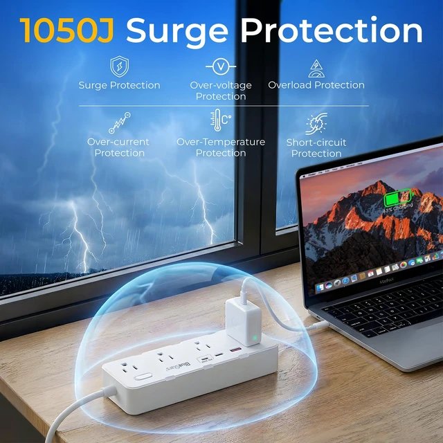Alt view image 7 of 7 - 6 Ft Extension Cord Surge Protector Power Strip, Flat Plug with 8 AC Outlets & 4 USB Ports (2 USB C, 1 PD 20W Fast Charging), 1050 Joules, 1875W/13A, ETL Listed, Wall Mount for Home Office Dorm