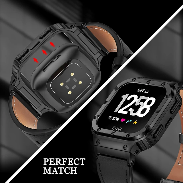 Alt view image 4 of 6 - Leather Bands with Stainless Steel Case Compatible with Fitbit Versa 1 2 3 4 Lite Sense 2 1 Protective case for men