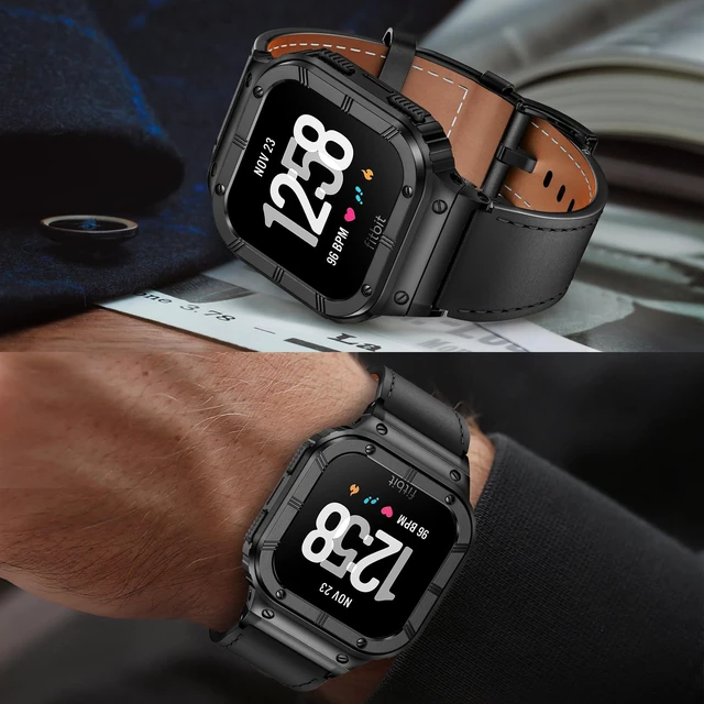 Alt view image 6 of 6 - Leather Bands with Stainless Steel Case Compatible with Fitbit Versa 1 2 3 4 Lite Sense 2 1 Protective case for men