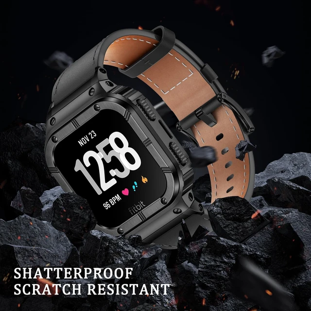 Alt view image 5 of 6 - Leather Bands with Stainless Steel Case Compatible with Fitbit Versa 1 2 3 4 Lite Sense 2 1 Protective case for men