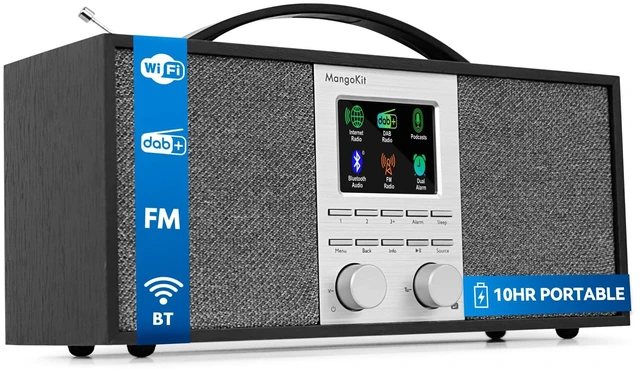 Main image of SR40 Stereo Internet Radio WiFi, Podcast, Bluetooth, FM, 10hr Play Wooden Cabinet with True 2.0 Stereo, AUX-in, Rechargeable & Handle, 150 Presets, Alarm & Sleep Timer, Headphone Jack, Black
