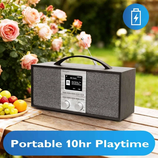 Alt view image 3 of 6 - SR40 Stereo Internet Radio WiFi, Podcast, Bluetooth, FM, 10hr Play Wooden Cabinet with True 2.0 Stereo, AUX-in, Rechargeable & Handle, 150 Presets, Alarm & Sleep Timer, Headphone Jack, Black