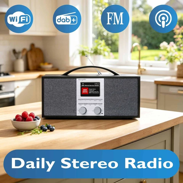 Alt view image 2 of 6 - SR40 Stereo Internet Radio WiFi, Podcast, Bluetooth, FM, 10hr Play Wooden Cabinet with True 2.0 Stereo, AUX-in, Rechargeable & Handle, 150 Presets, Alarm & Sleep Timer, Headphone Jack, Black