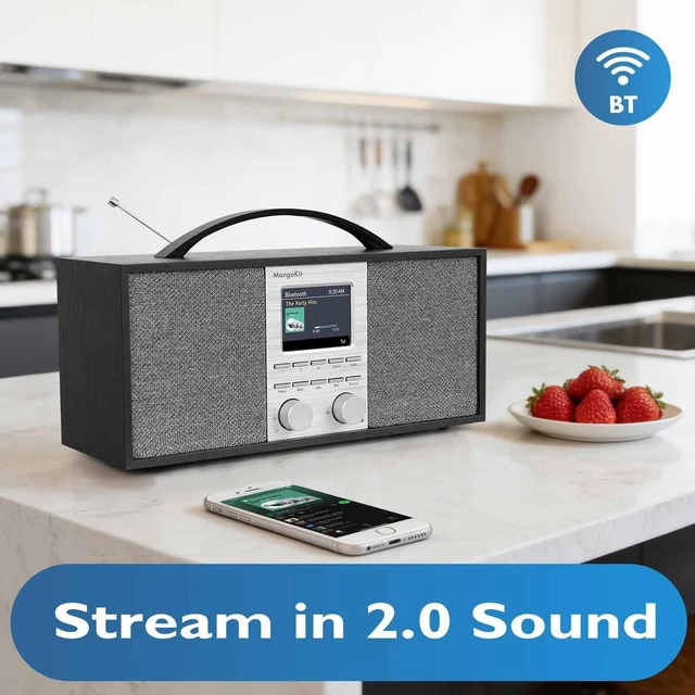 Alt view image 4 of 6 - SR40 Stereo Internet Radio WiFi, Podcast, Bluetooth, FM, 10hr Play Wooden Cabinet with True 2.0 Stereo, AUX-in, Rechargeable & Handle, 150 Presets, Alarm & Sleep Timer, Headphone Jack, Black