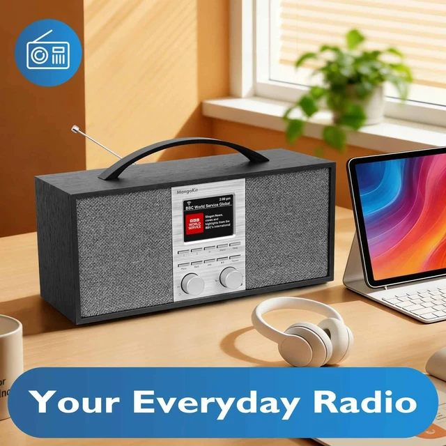Alt view image 5 of 6 - SR40 Stereo Internet Radio WiFi, Podcast, Bluetooth, FM, 10hr Play Wooden Cabinet with True 2.0 Stereo, AUX-in, Rechargeable & Handle, 150 Presets, Alarm & Sleep Timer, Headphone Jack, Black