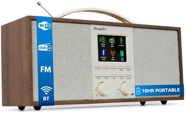 Main image of SR40 Stereo Internet Radio WiFi, Podcast, Bluetooth, FM, 10hr Play Wooden Cabinet with True 2.0 Stereo, AUX-in, Rechargeable & Handle, 150 Presets, Alarm & Sleep Timer, Headphone Jack, Walnut