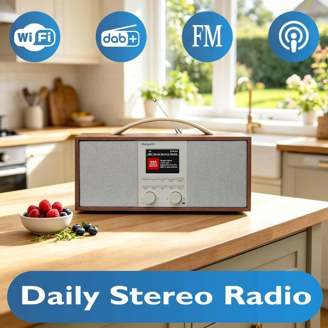 Alt view image 2 of 6 - SR40 Stereo Internet Radio WiFi, Podcast, Bluetooth, FM, 10hr Play Wooden Cabinet with True 2.0 Stereo, AUX-in, Rechargeable & Handle, 150 Presets, Alarm & Sleep Timer, Headphone Jack, Walnut