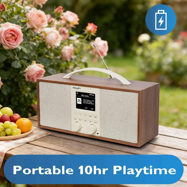 Alt view image 3 of 6 - SR40 Stereo Internet Radio WiFi, Podcast, Bluetooth, FM, 10hr Play Wooden Cabinet with True 2.0 Stereo, AUX-in, Rechargeable & Handle, 150 Presets, Alarm & Sleep Timer, Headphone Jack, Walnut