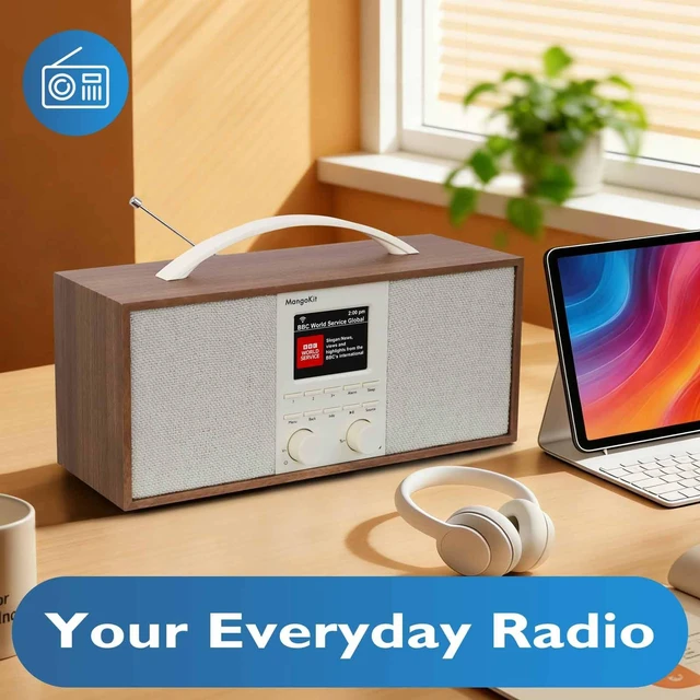 Alt view image 5 of 6 - SR40 Stereo Internet Radio WiFi, Podcast, Bluetooth, FM, 10hr Play Wooden Cabinet with True 2.0 Stereo, AUX-in, Rechargeable & Handle, 150 Presets, Alarm & Sleep Timer, Headphone Jack, Walnut