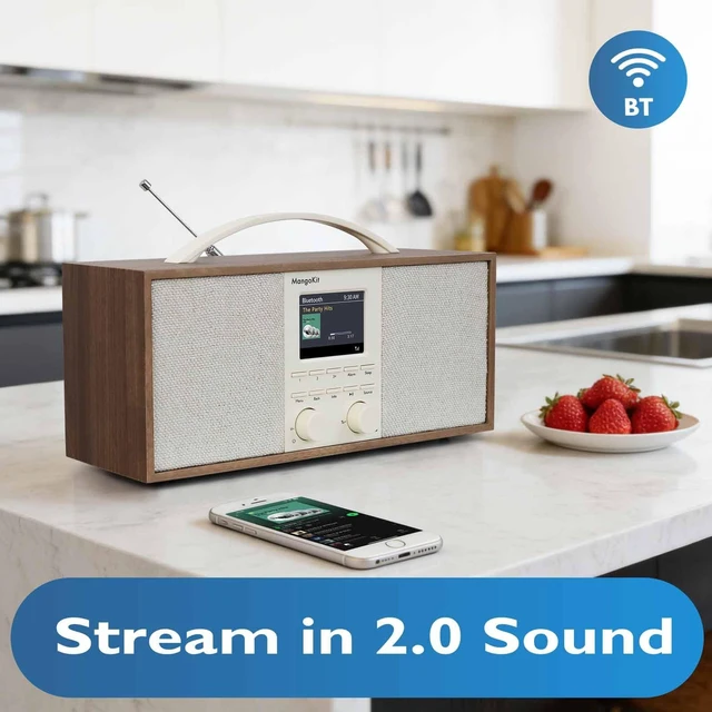 Alt view image 4 of 6 - SR40 Stereo Internet Radio WiFi, Podcast, Bluetooth, FM, 10hr Play Wooden Cabinet with True 2.0 Stereo, AUX-in, Rechargeable & Handle, 150 Presets, Alarm & Sleep Timer, Headphone Jack, Walnut