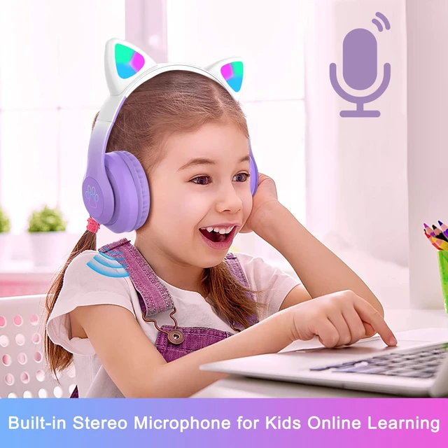 Alt view image 2 of 7 - Kids Bluetooth Wireless Over-Ear Cat Ear Headphones with Microphone for Kids Teens Adults (Pro-Purple)