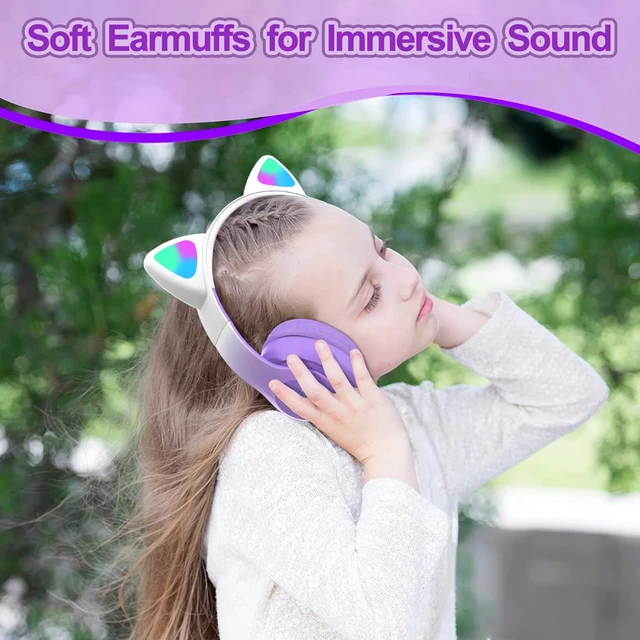 Alt view image 3 of 7 - Kids Bluetooth Wireless Over-Ear Cat Ear Headphones with Microphone for Kids Teens Adults (Pro-Purple)