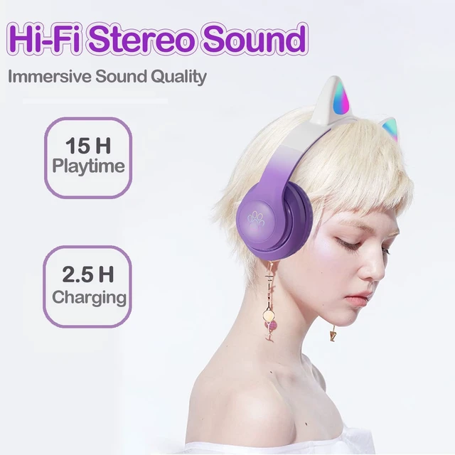 Alt view image 5 of 7 - Kids Bluetooth Wireless Over-Ear Cat Ear Headphones with Microphone for Kids Teens Adults (Pro-Purple)