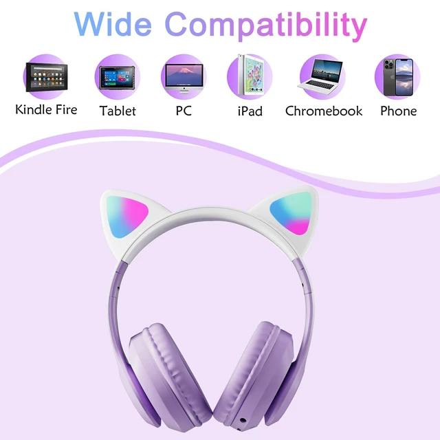 Alt view image 6 of 7 - Kids Bluetooth Wireless Over-Ear Cat Ear Headphones with Microphone for Kids Teens Adults (Pro-Purple)