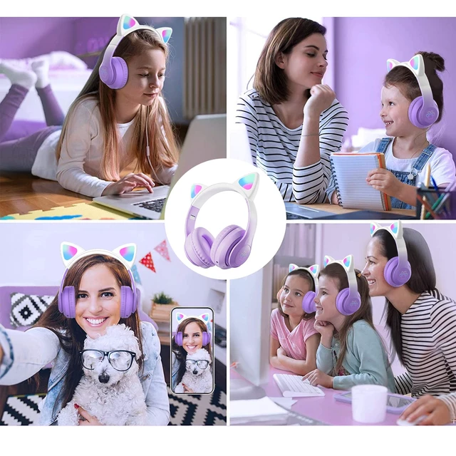 Alt view image 7 of 7 - Kids Bluetooth Wireless Over-Ear Cat Ear Headphones with Microphone for Kids Teens Adults (Pro-Purple)