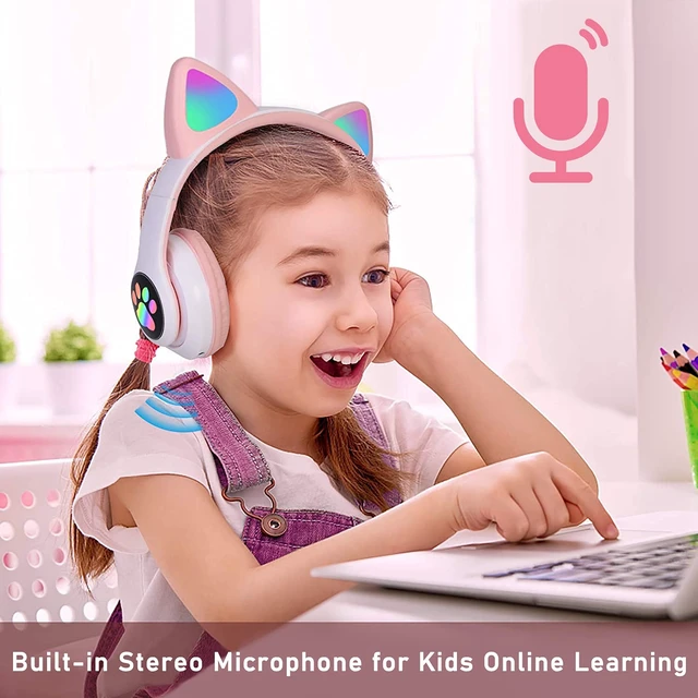 Alt view image 3 of 7 - Kids Bluetooth Wireless Over-Ear Cat Ear Headphones with Microphone for Kids Teens Adults (Pink)