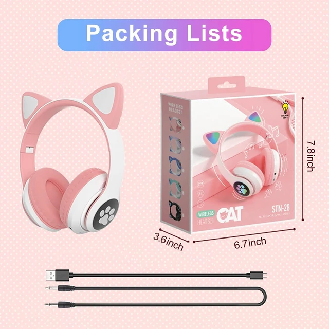 Alt view image 7 of 7 - Kids Bluetooth Wireless Over-Ear Cat Ear Headphones with Microphone for Kids Teens Adults (Pink)