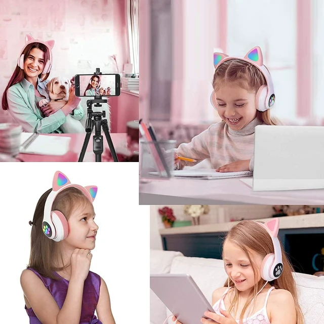 Alt view image 6 of 7 - Kids Bluetooth Wireless Over-Ear Cat Ear Headphones with Microphone for Kids Teens Adults (Pink)
