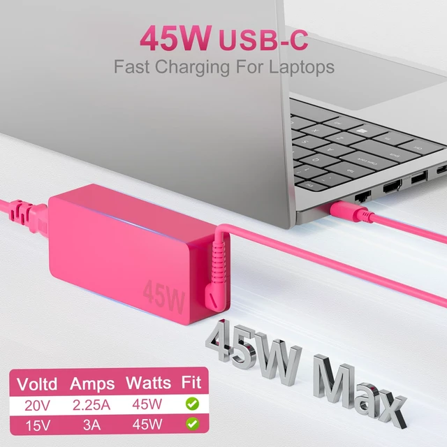 Alt view image 2 of 7 - 45W USB Type C Pink Color Chromebook Charger for HP Laptop Computer Chromebook X360 14 14A 11 13,14a-na0023cl 14-ca061dx 14a-na0031wm 14a-na1043cl 11a-nb0013dx Power Supply Cord