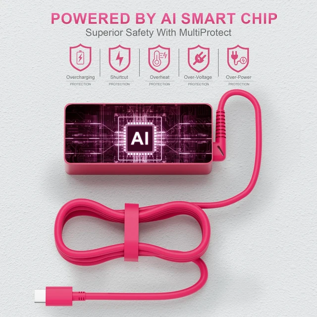 Alt view image 7 of 7 - 45W USB Type C Pink Color Chromebook Charger for HP Laptop Computer Chromebook X360 14 14A 11 13,14a-na0023cl 14-ca061dx 14a-na0031wm 14a-na1043cl 11a-nb0013dx Power Supply Cord