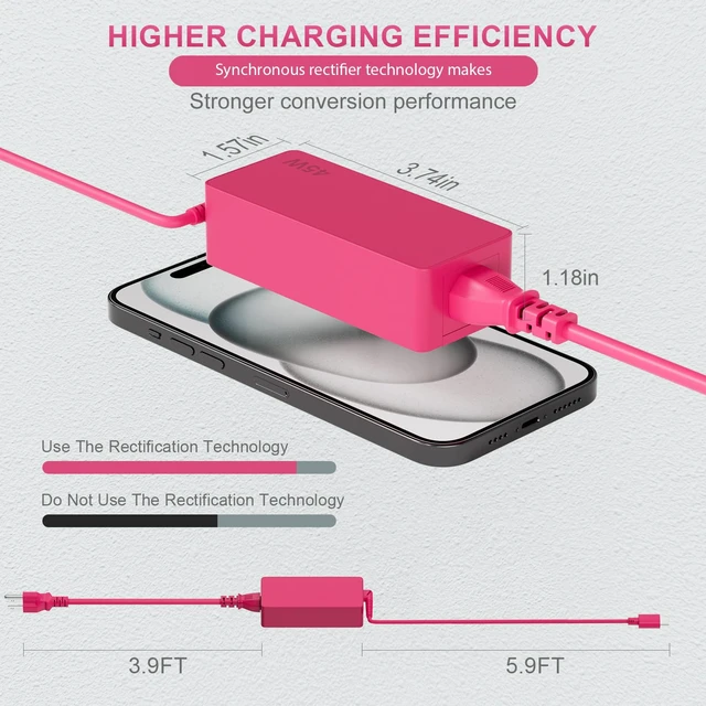 Alt view image 6 of 7 - 45W USB Type C Pink Color Chromebook Charger for HP Laptop Computer Chromebook X360 14 14A 11 13,14a-na0023cl 14-ca061dx 14a-na0031wm 14a-na1043cl 11a-nb0013dx Power Supply Cord