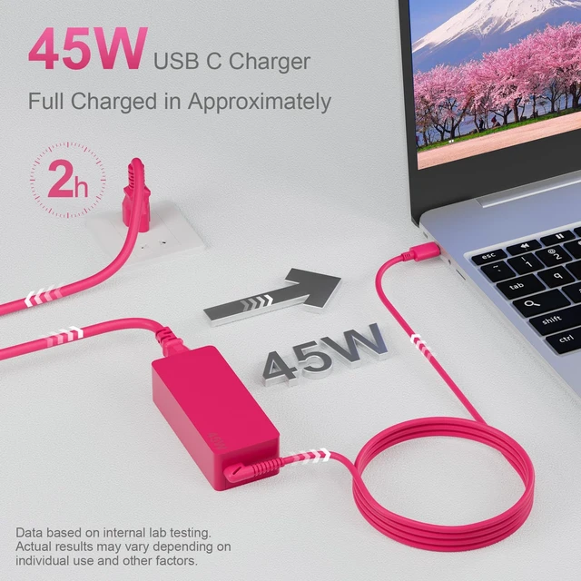 Alt view image 5 of 7 - 45W USB Type C Pink Color Chromebook Charger for HP Laptop Computer Chromebook X360 14 14A 11 13,14a-na0023cl 14-ca061dx 14a-na0031wm 14a-na1043cl 11a-nb0013dx Power Supply Cord
