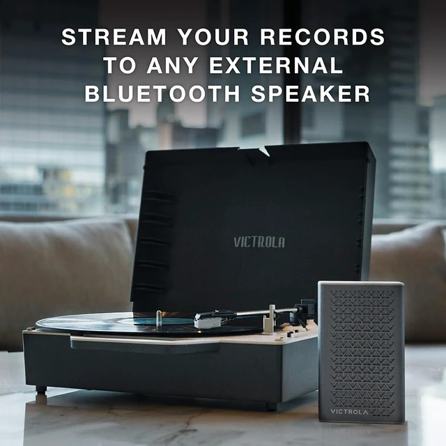 Alt view image 3 of 7 - Re-Spin Sustainable Suitcase Vinyl Record Player, 3-Speed (33 1/3, 45 & 78 RPM), Belt-Driven Bluetooth Turn Table with Built-in Bass Radiator, 3.5mm Headphone Jack (Basil Green)