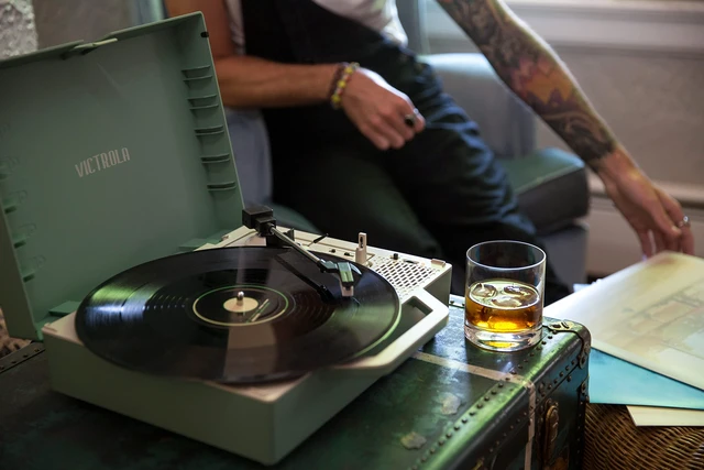 Alt view image 6 of 7 - Re-Spin Sustainable Suitcase Vinyl Record Player, 3-Speed (33 1/3, 45 & 78 RPM), Belt-Driven Bluetooth Turn Table with Built-in Bass Radiator, 3.5mm Headphone Jack (Basil Green)