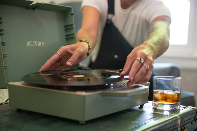 Alt view image 7 of 7 - Re-Spin Sustainable Suitcase Vinyl Record Player, 3-Speed (33 1/3, 45 & 78 RPM), Belt-Driven Bluetooth Turn Table with Built-in Bass Radiator, 3.5mm Headphone Jack (Basil Green)