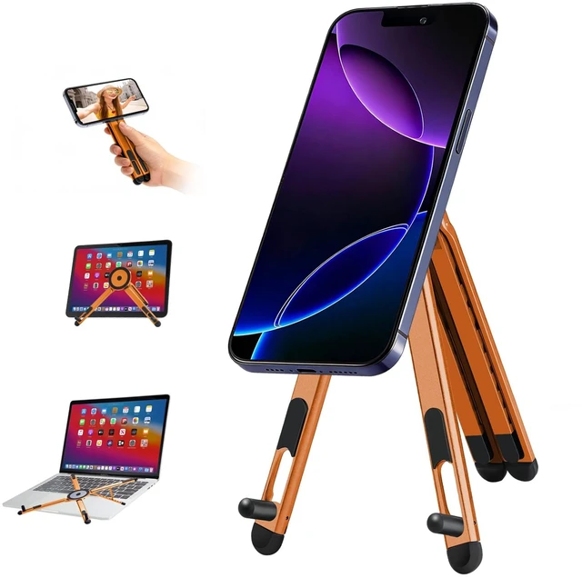 Main image of 3-in-1 Portable Laptop Stand with Magnetic Phone Holder, Orange Foldable Stand fit 10-16" Tablet, Phone & Laptop, 8-Level Ergonomic Riser for Home Office Travel, Stable Lightweight Aluminum