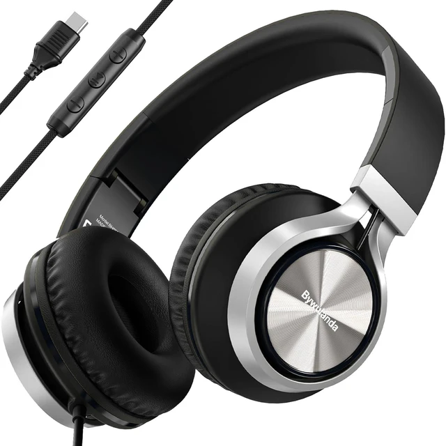 Main image of USB C Headphones with Microphone, Wired Over-Ear for School Volume Control, HD Stereo Sound, Comfortable Fit, Wired Foldable Headphones for Adult/Teens/Laptop/Tablets/Travel, Black