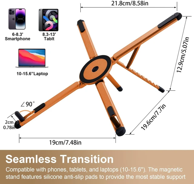 Alt view image 2 of 7 - 3-in-1 Portable Laptop Stand with Magnetic Phone Holder, Orange Foldable Stand fit 10-16" Tablet, Phone & Laptop, 8-Level Ergonomic Riser for Home Office Travel, Stable Lightweight Aluminum