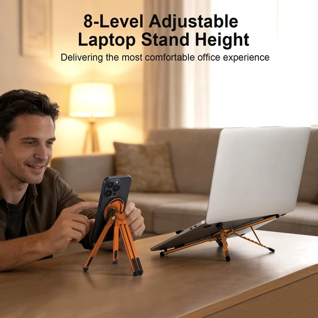 Alt view image 3 of 7 - 3-in-1 Portable Laptop Stand with Magnetic Phone Holder, Orange Foldable Stand fit 10-16" Tablet, Phone & Laptop, 8-Level Ergonomic Riser for Home Office Travel, Stable Lightweight Aluminum