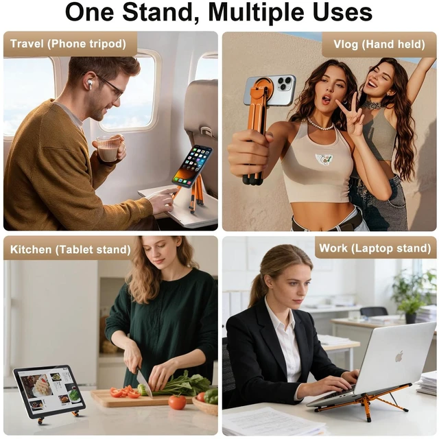 Alt view image 5 of 7 - 3-in-1 Portable Laptop Stand with Magnetic Phone Holder, Orange Foldable Stand fit 10-16" Tablet, Phone & Laptop, 8-Level Ergonomic Riser for Home Office Travel, Stable Lightweight Aluminum