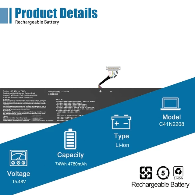 Alt view image 2 of 6 - C41N2208 Laptop Battery Replacement for ASUS ROG Ally RC71L PC71L Gaming Handheld PC Series 15.48V 72Wh 4650mAh