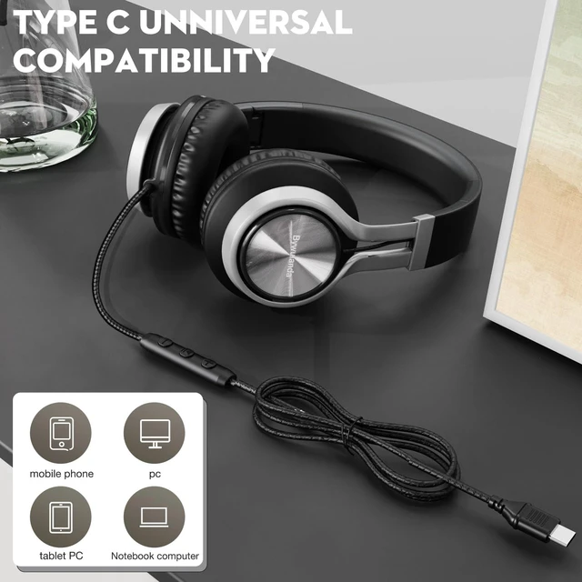Alt view image 7 of 7 - USB C Headphones with Microphone, Wired Over-Ear for School Volume Control, HD Stereo Sound, Comfortable Fit, Wired Foldable Headphones for Adult/Teens/Laptop/Tablets/Travel, Black