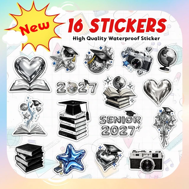 Alt view image 2 of 7 - 16pcs-3in Senior 2027 Stickers, Silver Graduation Pack Scarpbook Decoration, silver chrome look with black and blue accents, featuring caps, books, globes, hearts and stars