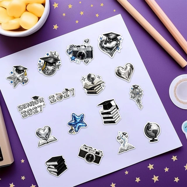 Alt view image 5 of 7 - 16pcs-3in Senior 2027 Stickers, Silver Graduation Pack Scarpbook Decoration, silver chrome look with black and blue accents, featuring caps, books, globes, hearts and stars