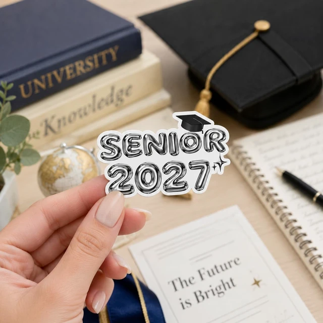 Alt view image 6 of 7 - 16pcs-3in Senior 2027 Stickers, Silver Graduation Pack Scarpbook Decoration, silver chrome look with black and blue accents, featuring caps, books, globes, hearts and stars