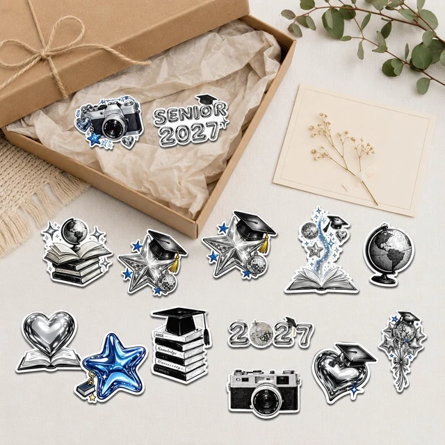 Alt view image 7 of 7 - 16pcs-3in Senior 2027 Stickers, Silver Graduation Pack Scarpbook Decoration, silver chrome look with black and blue accents, featuring caps, books, globes, hearts and stars