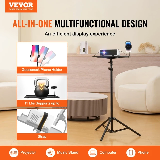 Alt view image 2 of 7 - Projector Stand, Laptop Stand Tripod Adjustable Height 26.97 to 63 in, Portable Projector Tripod with Tray & Gooseneck Phone Holder, for Outdoor Movies, Home, Office, Stage or Studio